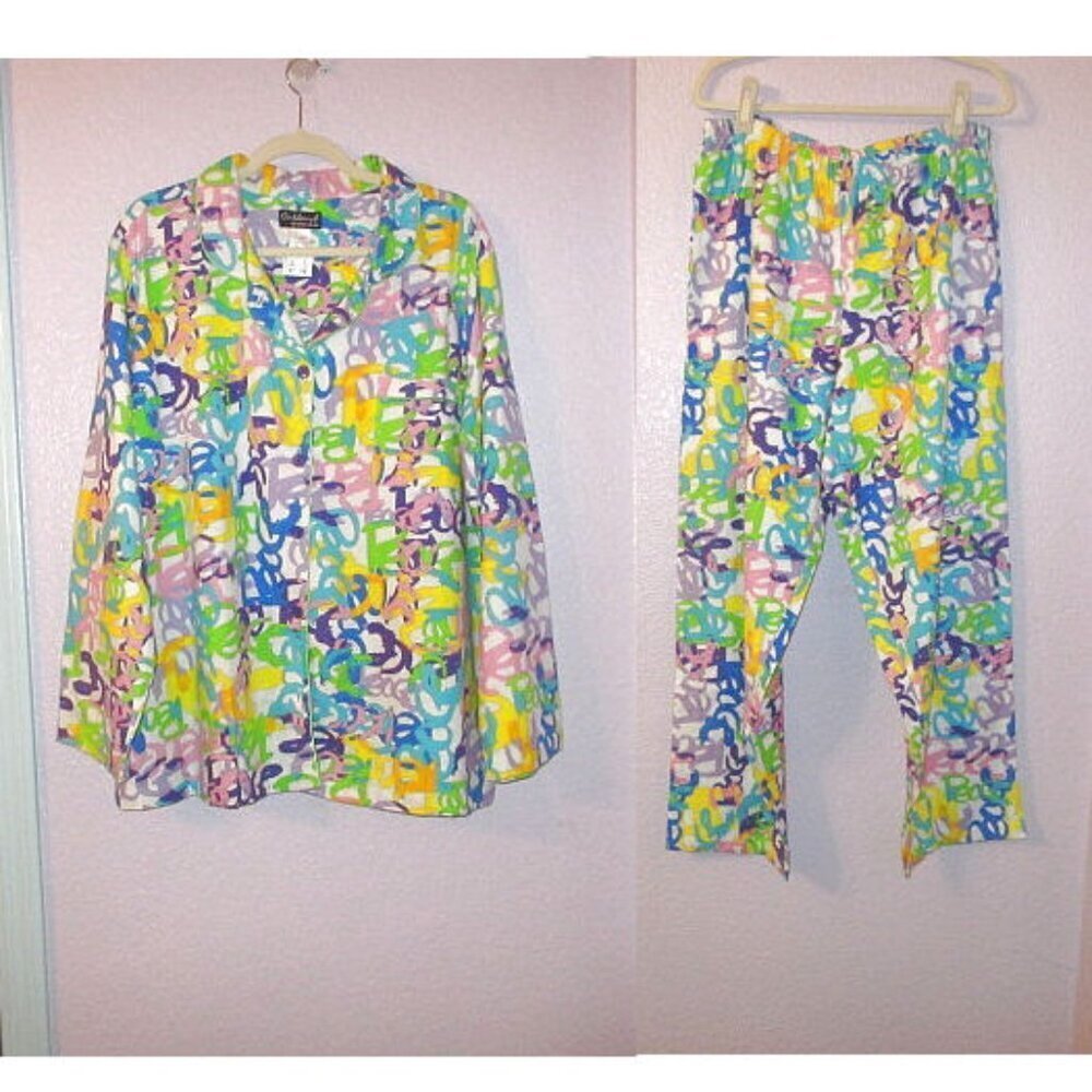 Vtg Oakbeach Peace Rainbow Flannel Pajama Set XL Top & Pants 2 Piece Cozy 90s